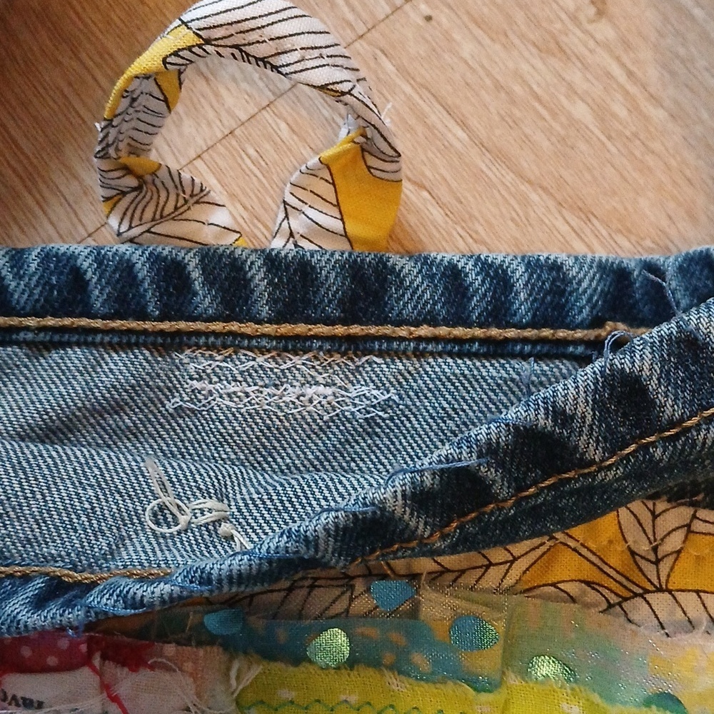 Upcycled Denim Crossbody Bag Handmade with Floral Trim Jeans Patchwork Trim - Picture 6 of 13
